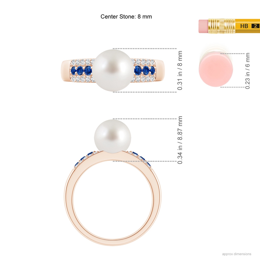 8mm AAA South Sea Pearl Ring with Sapphires in Rose Gold Ruler