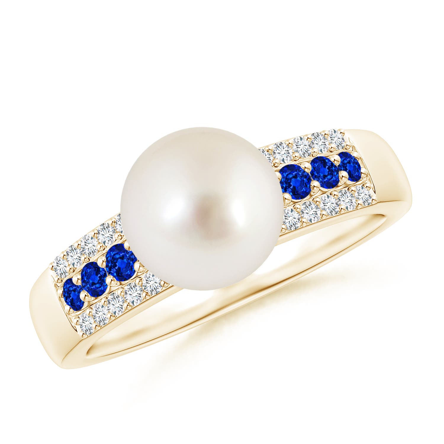 8mm AAAA South Sea Pearl Ring with Sapphires in Yellow Gold