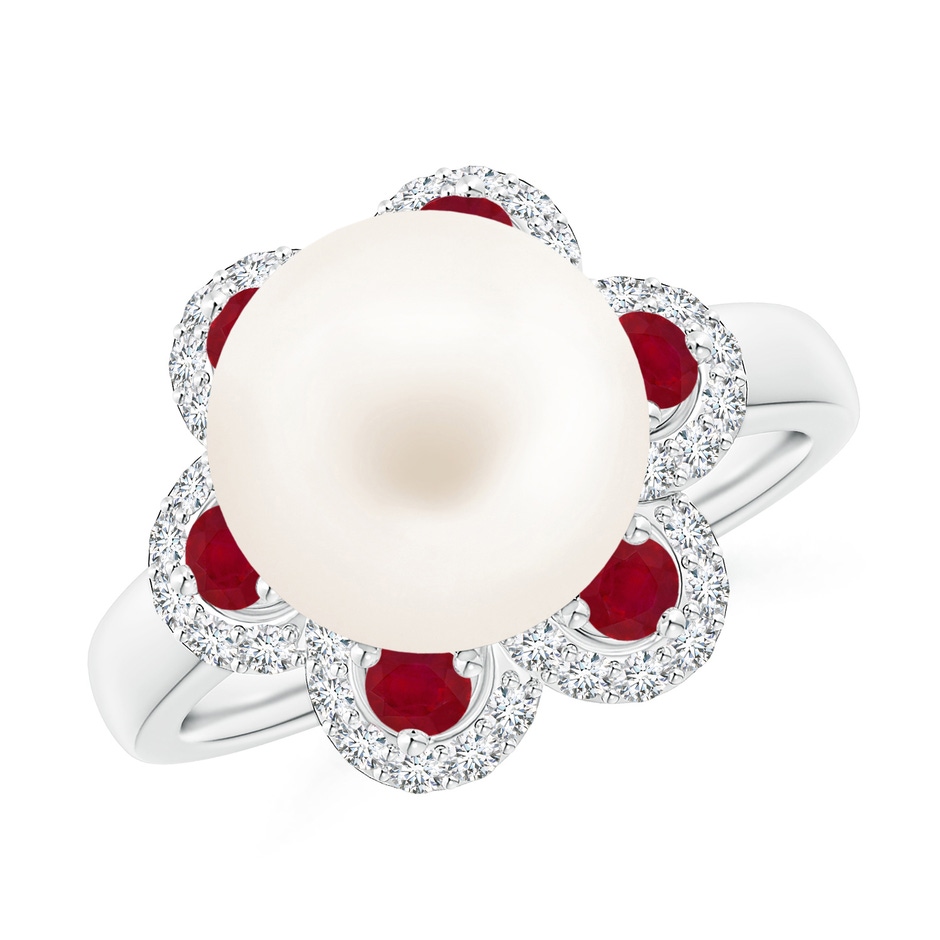 10mm AA Freshwater Pearl Floral Ring with Rubies in White Gold 