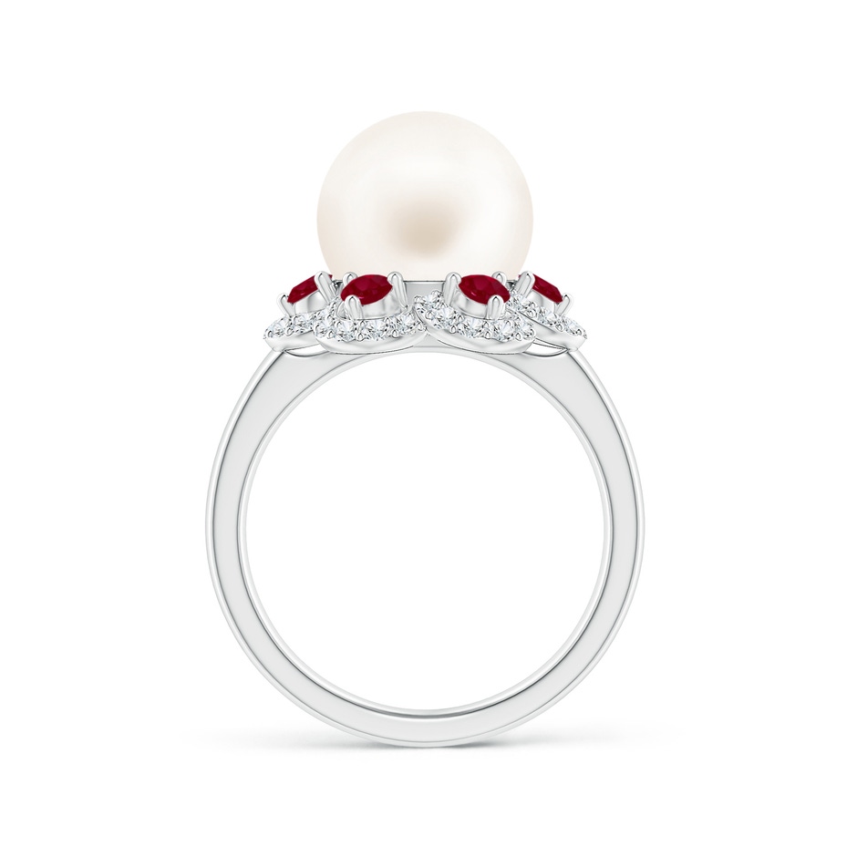 10mm AA Freshwater Pearl Floral Ring with Rubies in White Gold side 1