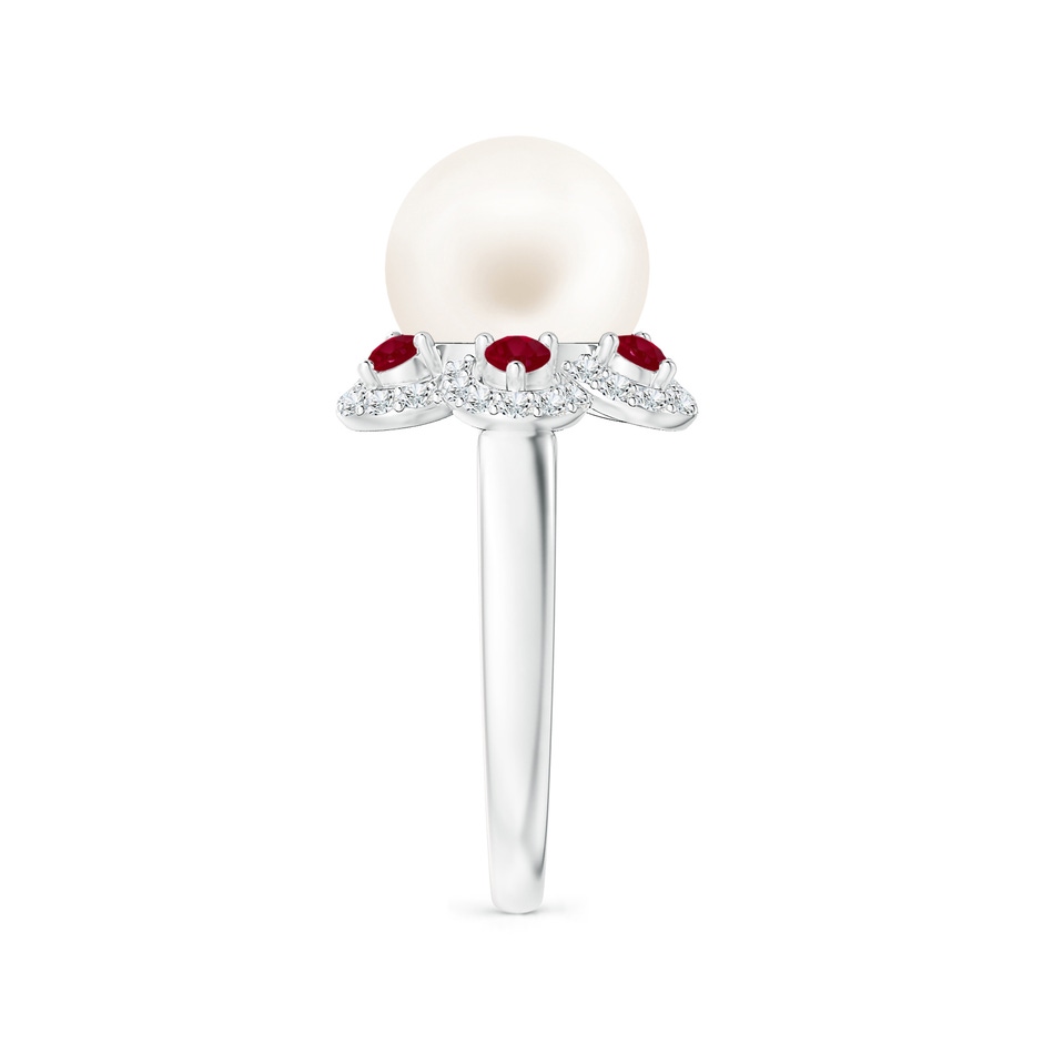 10mm AA Freshwater Pearl Floral Ring with Rubies in White Gold side 2