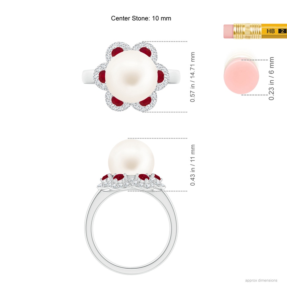 10mm AA Freshwater Pearl Floral Ring with Rubies in White Gold ruler
