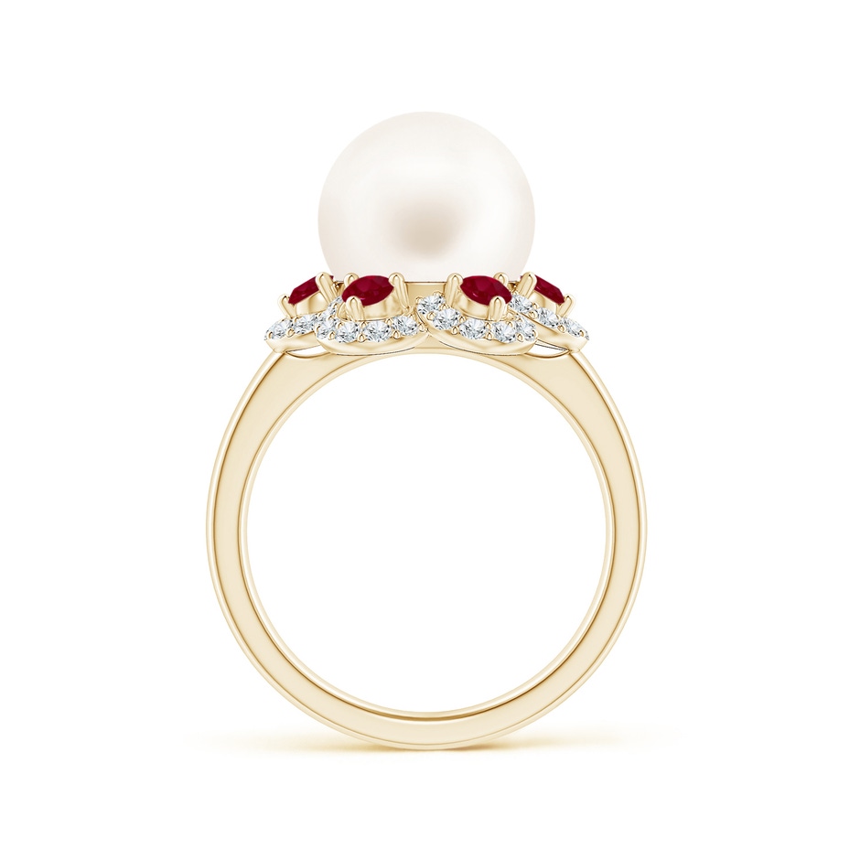 10mm AA Freshwater Pearl Floral Ring with Rubies in Yellow Gold side 1