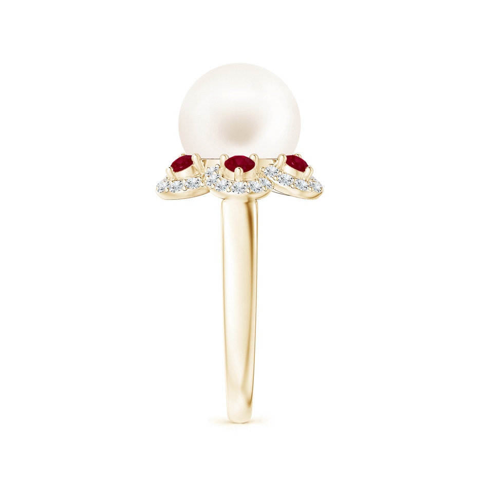 10mm AA Freshwater Pearl Floral Ring with Rubies in Yellow Gold side 2