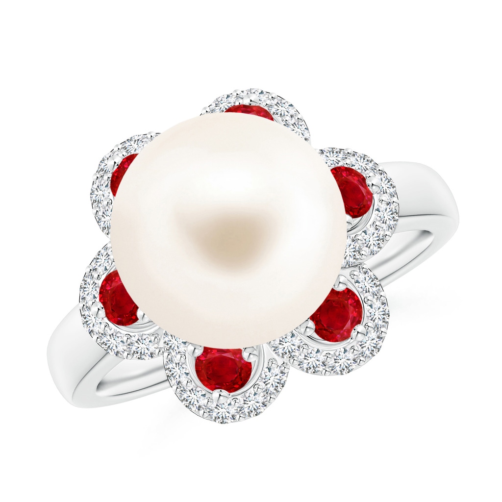 10mm AAA Freshwater Pearl Floral Ring with Rubies in White Gold