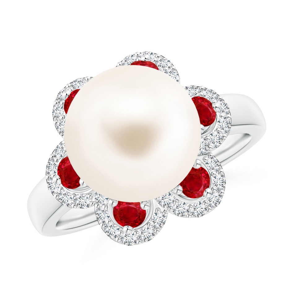 10mm AAA Freshwater Pearl Floral Ring with Rubies in White Gold 