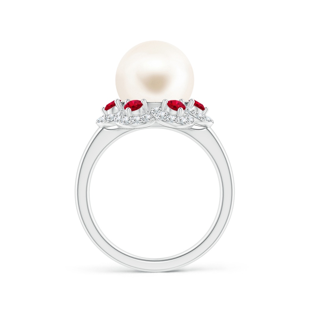 10mm AAA Freshwater Pearl Floral Ring with Rubies in White Gold Side 1