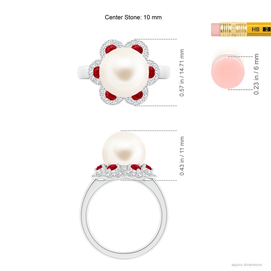 10mm AAA Freshwater Pearl Floral Ring with Rubies in White Gold ruler