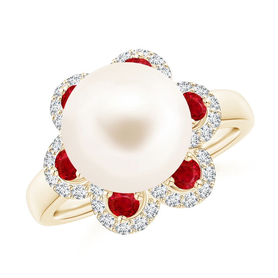 10mm AAA Freshwater Pearl Floral Ring with Rubies in Yellow Gold 