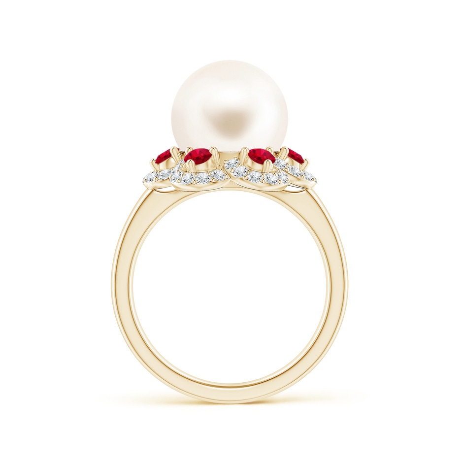 10mm AAA Freshwater Pearl Floral Ring with Rubies in Yellow Gold side 1