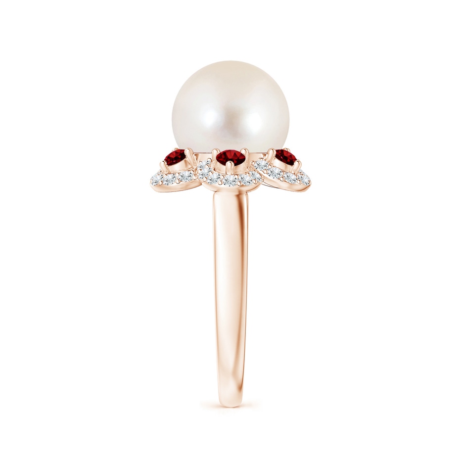 10mm AAAA Freshwater Pearl Floral Ring with Rubies in Rose Gold side 2