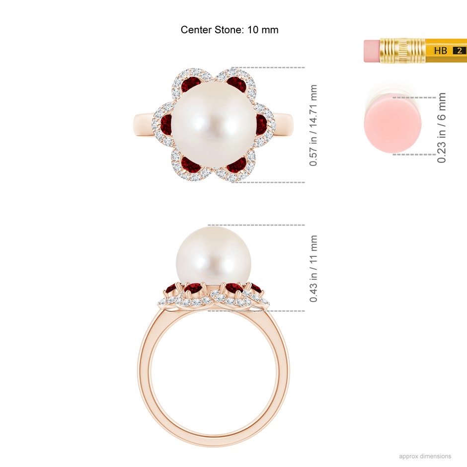 10mm AAAA Freshwater Pearl Floral Ring with Rubies in Rose Gold ruler