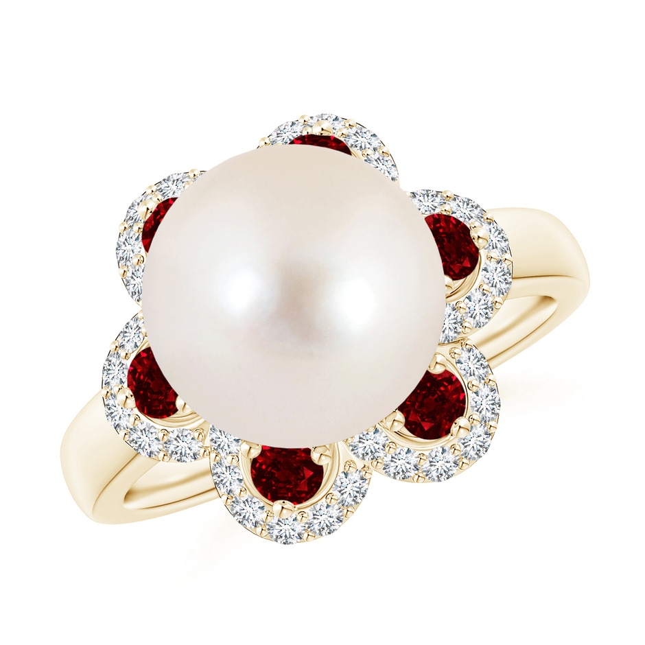 10mm AAAA Freshwater Pearl Floral Ring with Rubies in Yellow Gold 