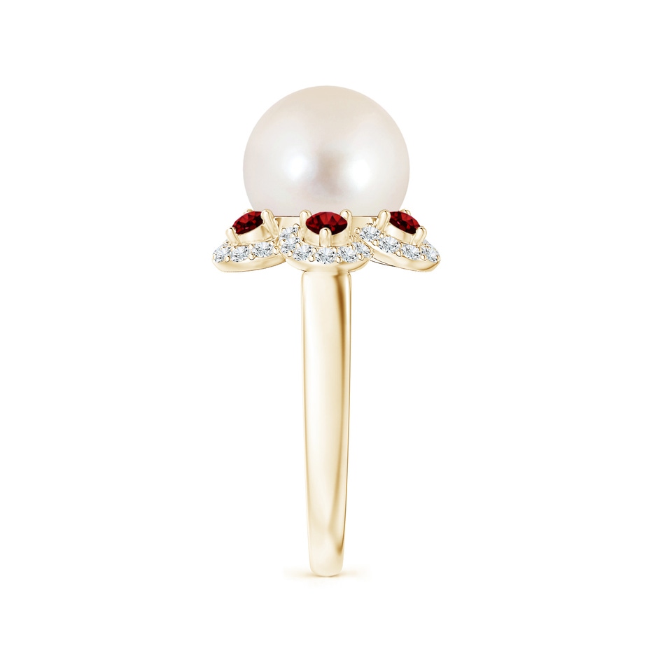 10mm AAAA Freshwater Pearl Floral Ring with Rubies in Yellow Gold side 2