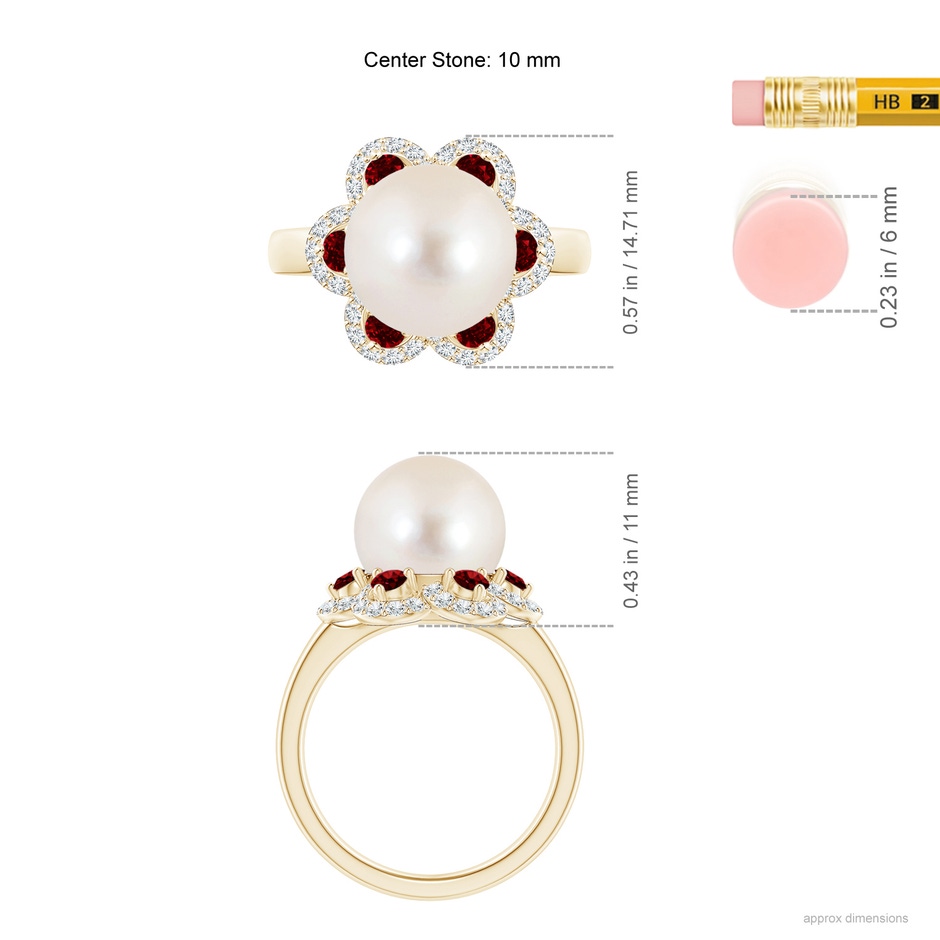 10mm AAAA Freshwater Pearl Floral Ring with Rubies in Yellow Gold ruler