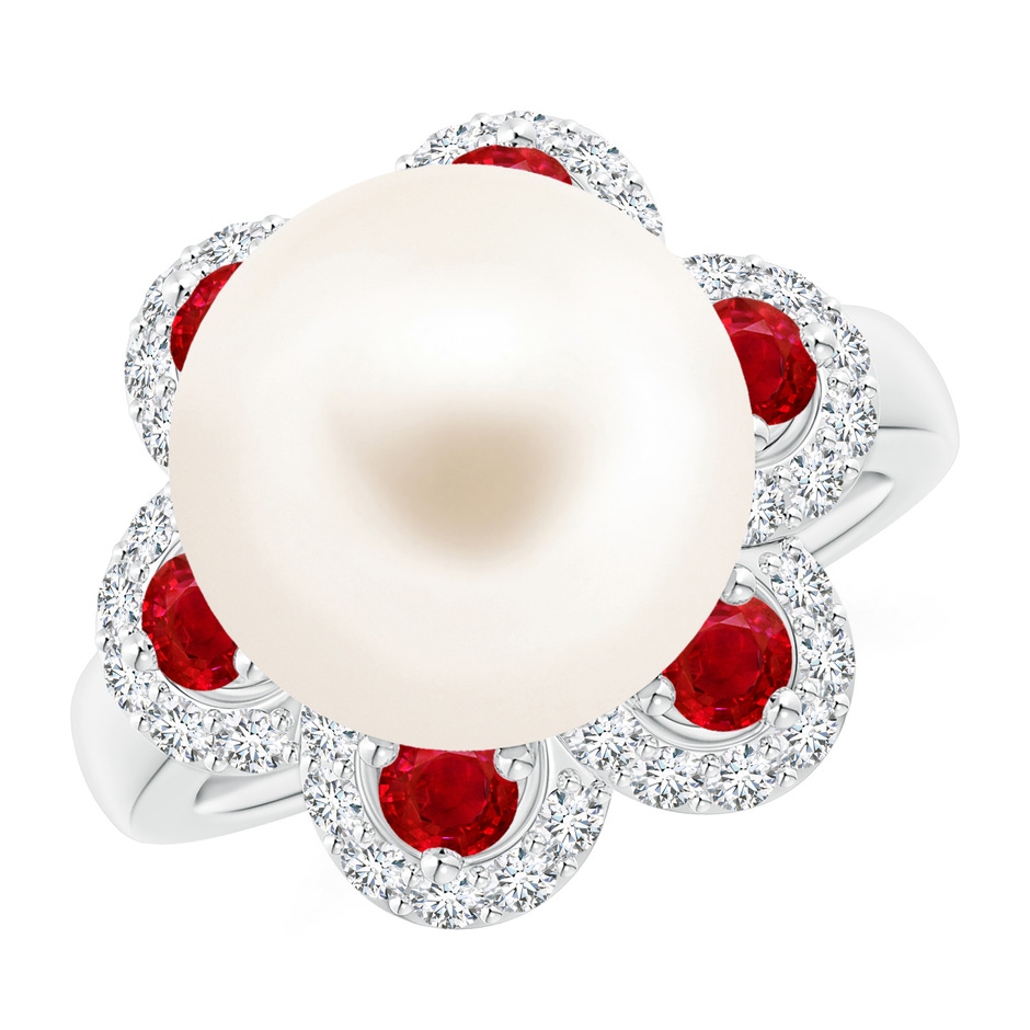 12mm AAA Freshwater Pearl Floral Ring with Rubies in White Gold 