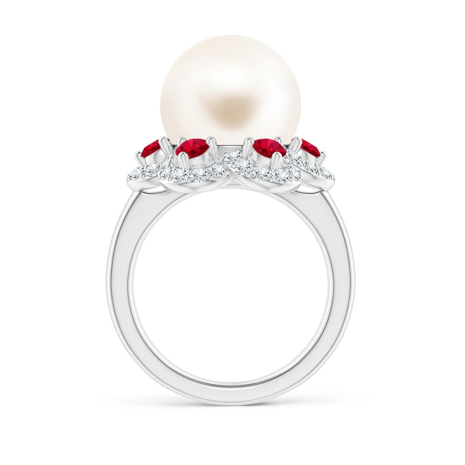 12mm AAA Freshwater Pearl Floral Ring with Rubies in White Gold side 1