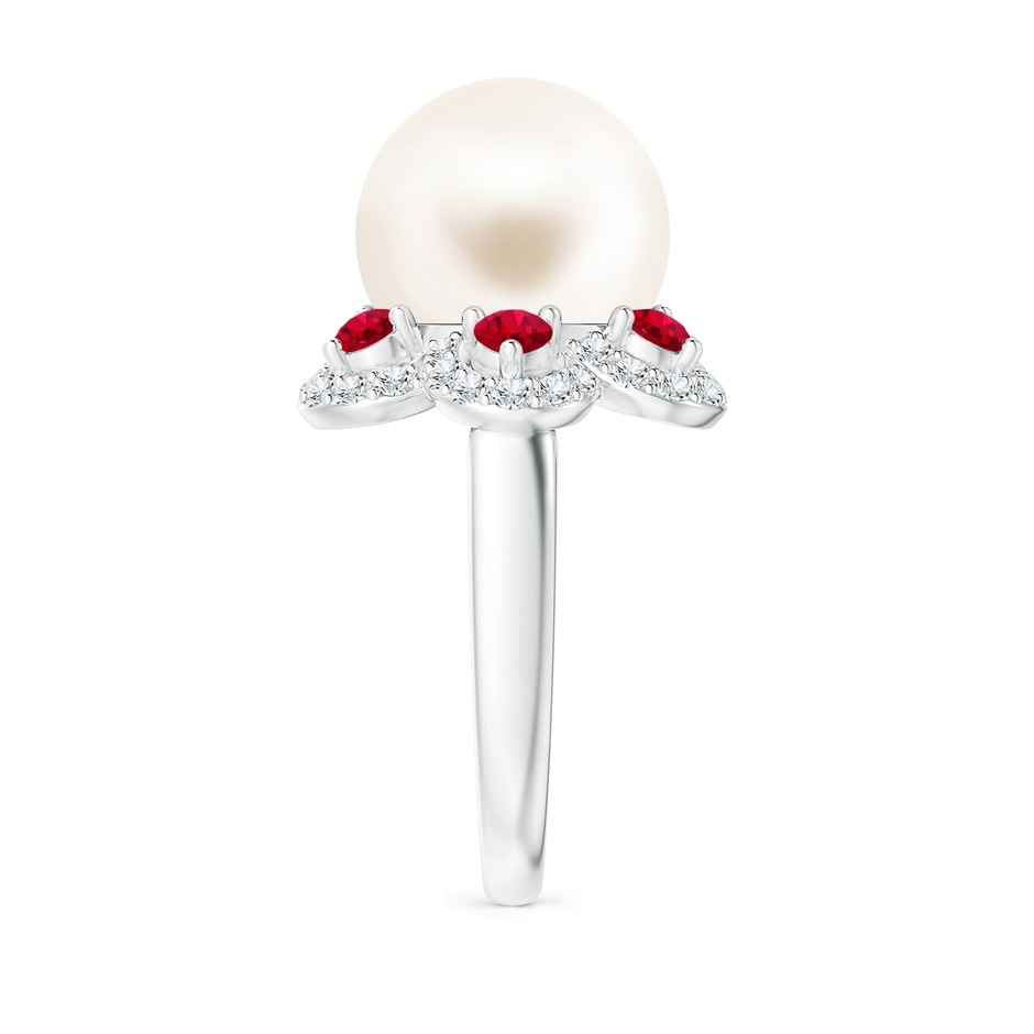 12mm AAA Freshwater Pearl Floral Ring with Rubies in White Gold side 2
