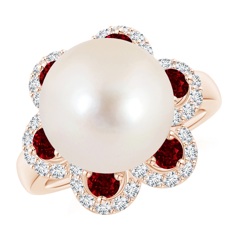 12mm AAAA Freshwater Pearl Floral Ring with Rubies in Rose Gold 