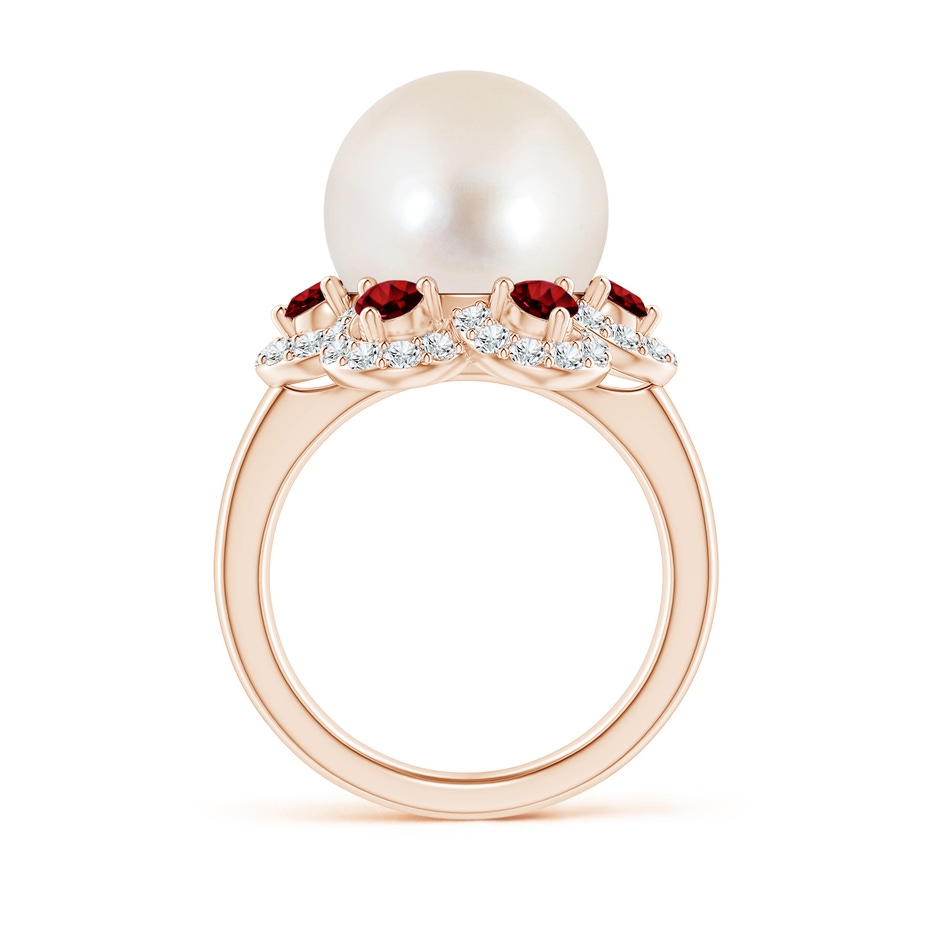 12mm AAAA Freshwater Pearl Floral Ring with Rubies in Rose Gold side 1
