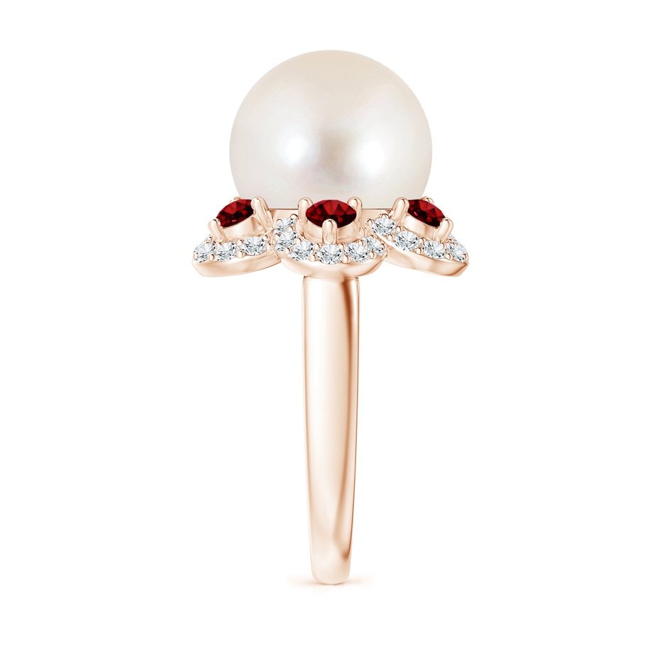 12mm AAAA Freshwater Pearl Floral Ring with Rubies in Rose Gold side 2