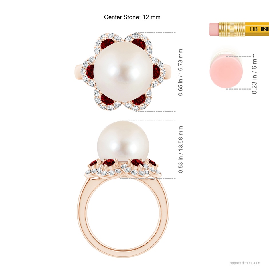 12mm AAAA Freshwater Pearl Floral Ring with Rubies in Rose Gold ruler
