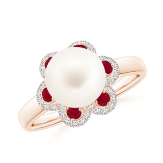 8mm AA Freshwater Pearl Floral Ring with Rubies in Rose Gold