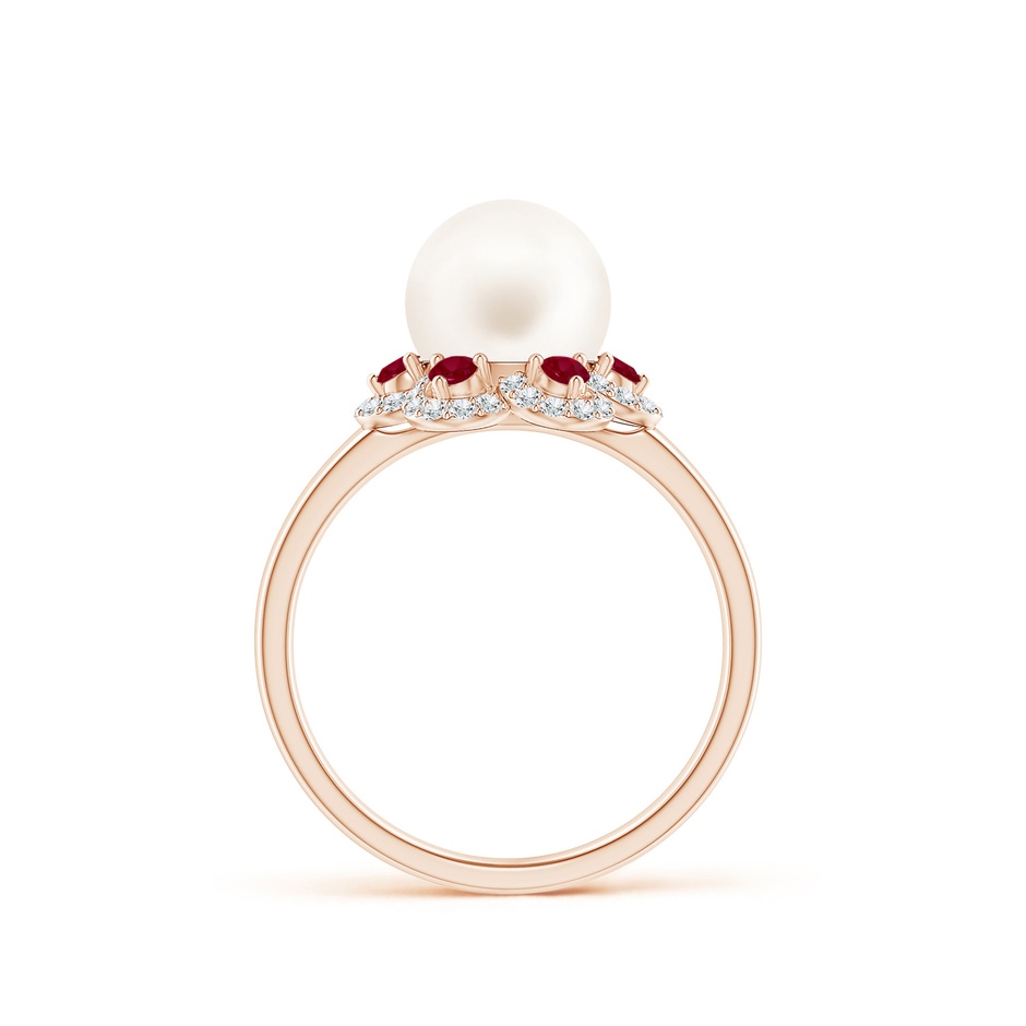 8mm AA Freshwater Pearl Floral Ring with Rubies in Rose Gold side 1