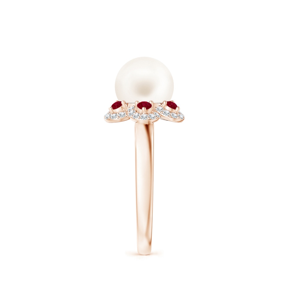 8mm AA Freshwater Pearl Floral Ring with Rubies in Rose Gold side 2
