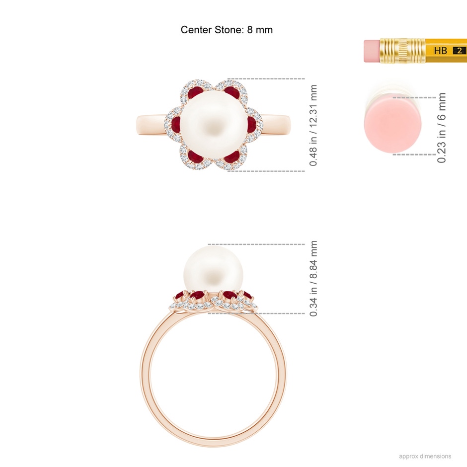 8mm AA Freshwater Pearl Floral Ring with Rubies in Rose Gold ruler