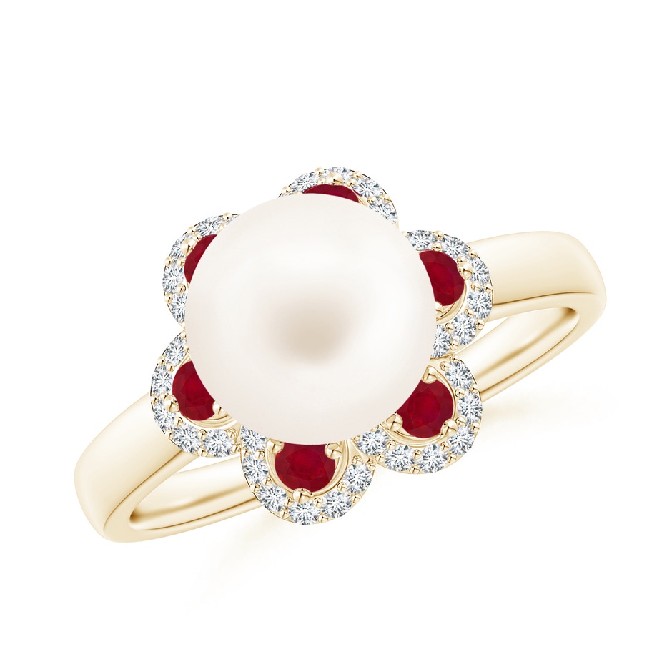 8mm AA Freshwater Pearl Floral Ring with Rubies in Yellow Gold 