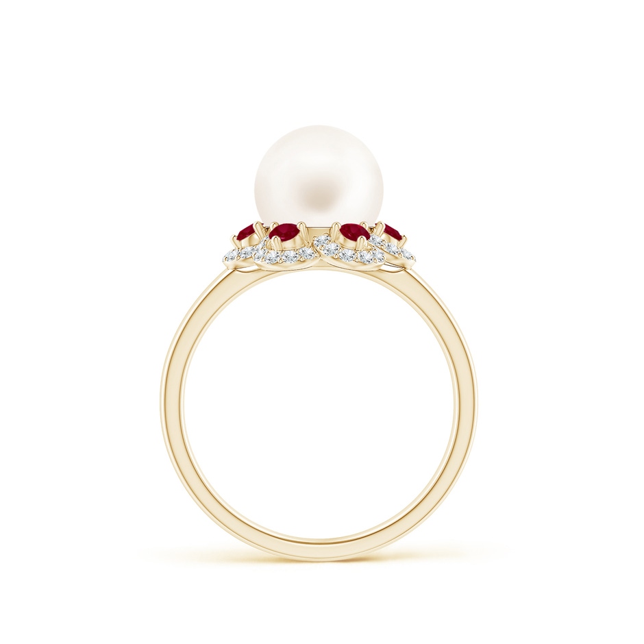 8mm AA Freshwater Pearl Floral Ring with Rubies in Yellow Gold side 1