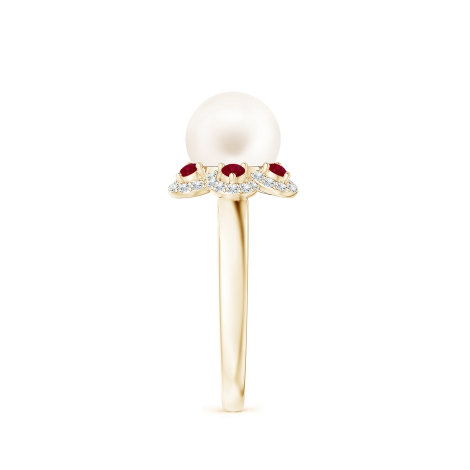 8mm AA Freshwater Pearl Floral Ring with Rubies in Yellow Gold side 2