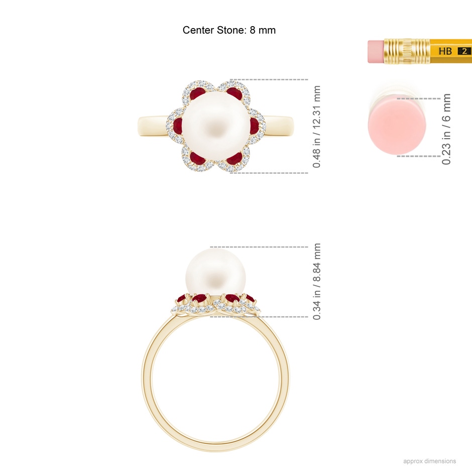 8mm AA Freshwater Pearl Floral Ring with Rubies in Yellow Gold ruler