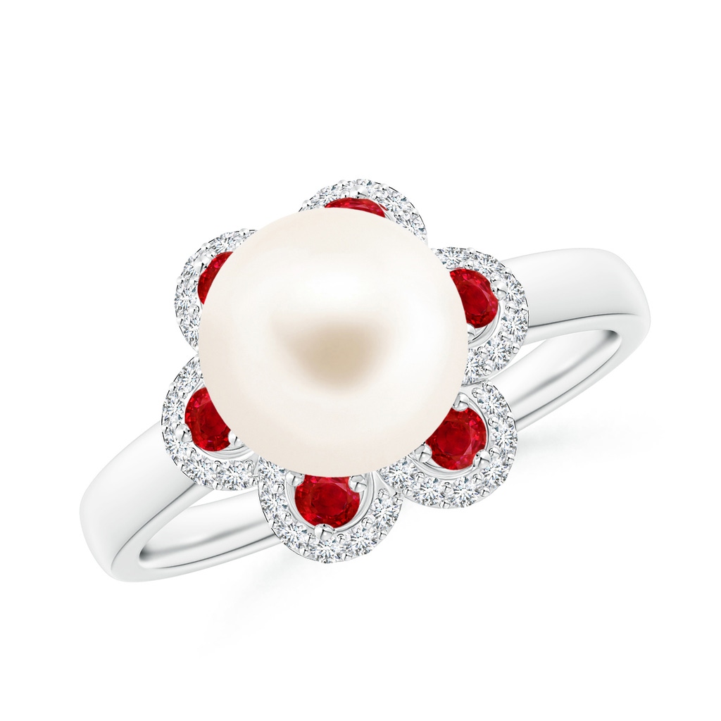 8mm AAA Freshwater Pearl Floral Ring with Rubies in White Gold