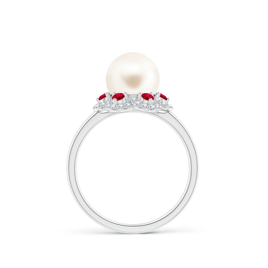 8mm AAA Freshwater Pearl Floral Ring with Rubies in White Gold side 1