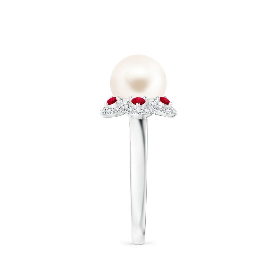 8mm AAA Freshwater Pearl Floral Ring with Rubies in White Gold side 2