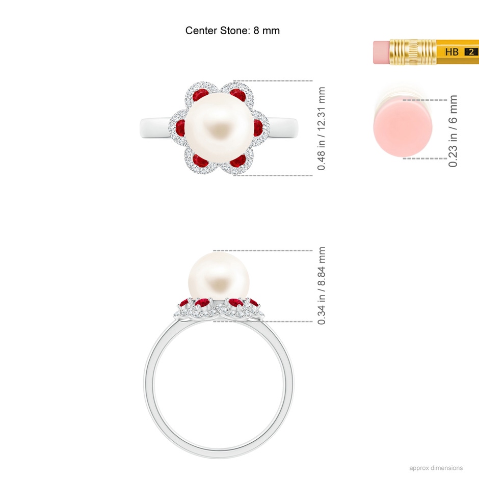 8mm AAA Freshwater Pearl Floral Ring with Rubies in White Gold ruler