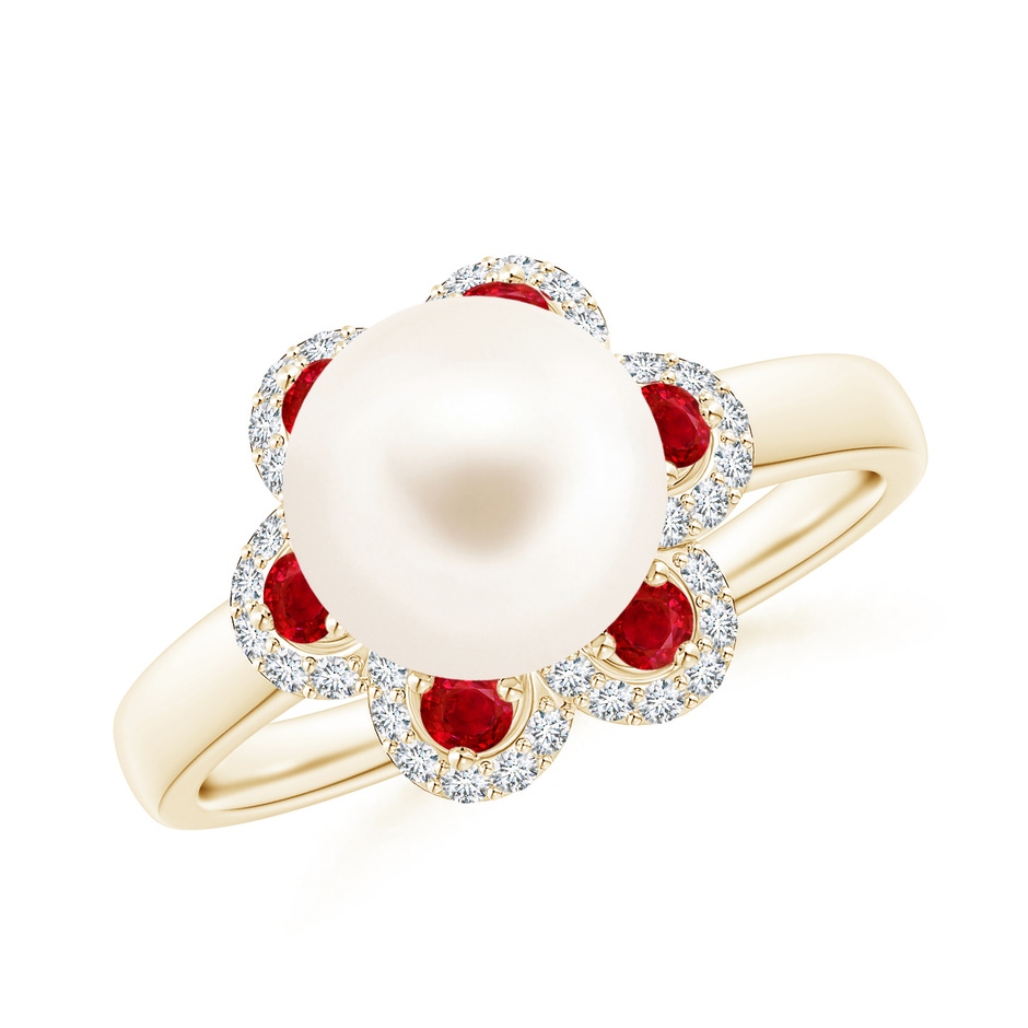 8mm AAA Freshwater Pearl Floral Ring with Rubies in Yellow Gold 