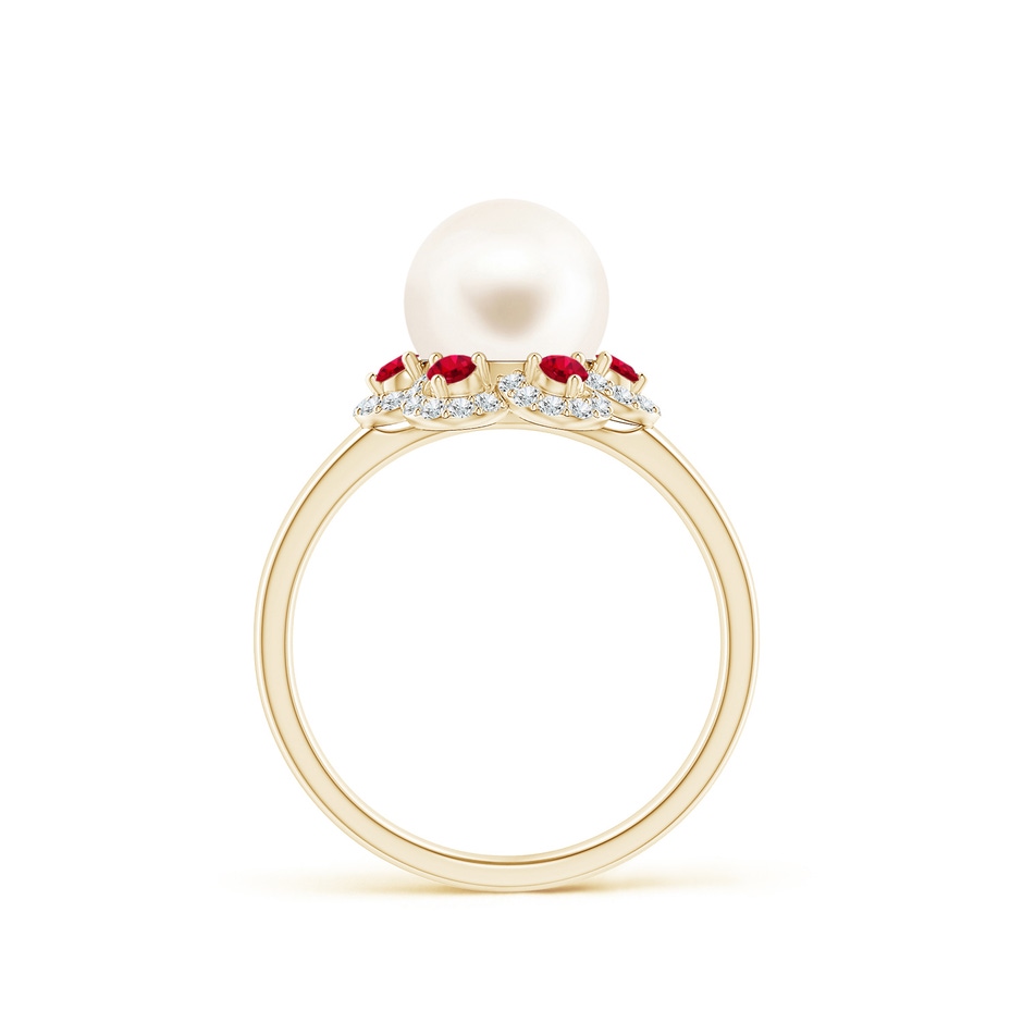 8mm AAA Freshwater Pearl Floral Ring with Rubies in Yellow Gold side 1