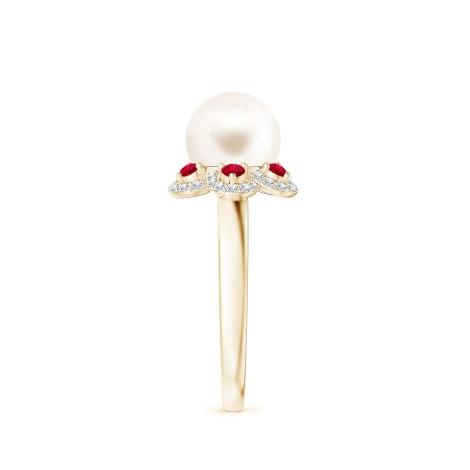 8mm AAA Freshwater Pearl Floral Ring with Rubies in Yellow Gold side 2