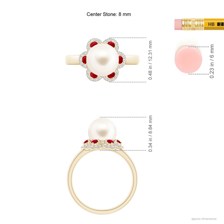 8mm AAA Freshwater Pearl Floral Ring with Rubies in Yellow Gold ruler