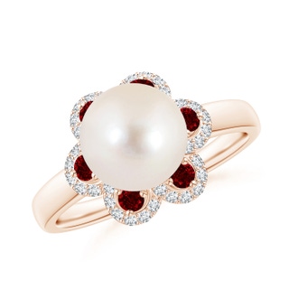 8mm AAAA Freshwater Pearl Floral Ring with Rubies in Rose Gold