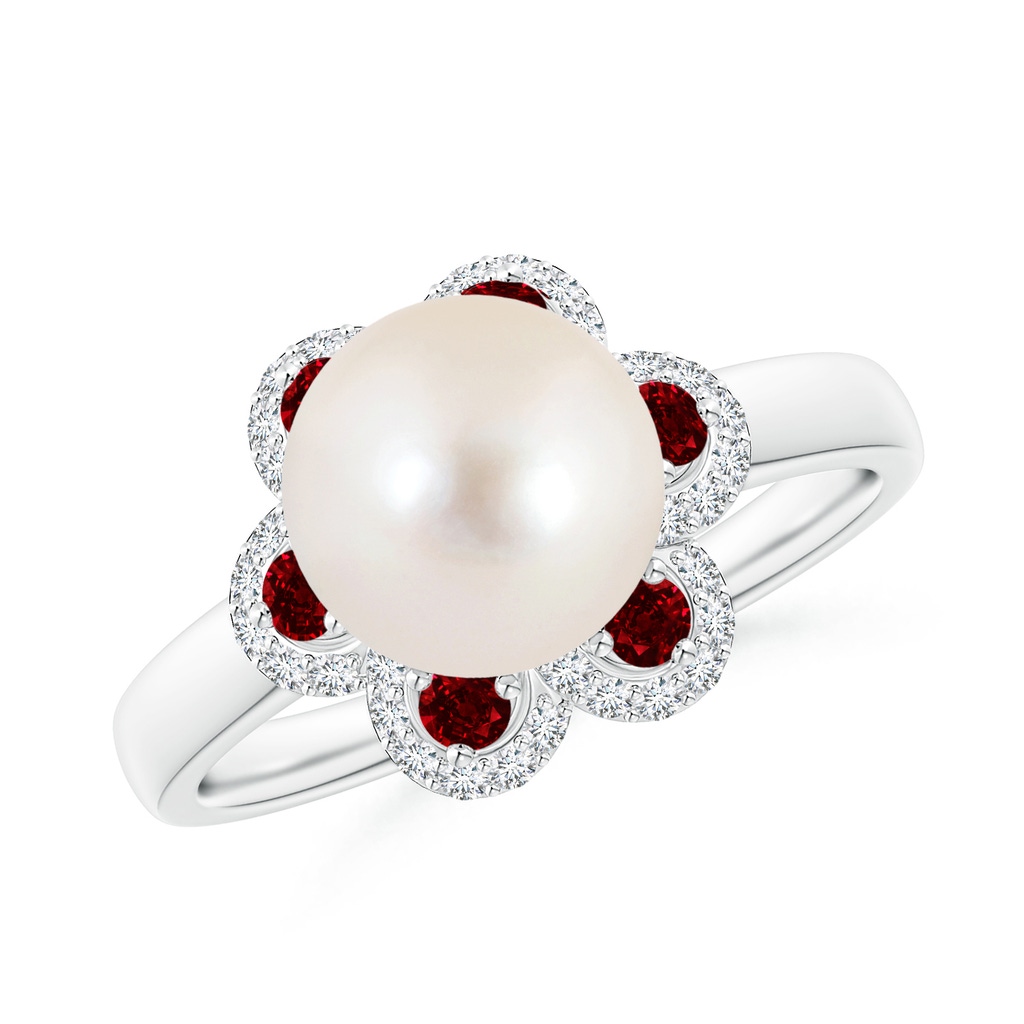 8mm AAAA Freshwater Pearl Floral Ring with Rubies in White Gold