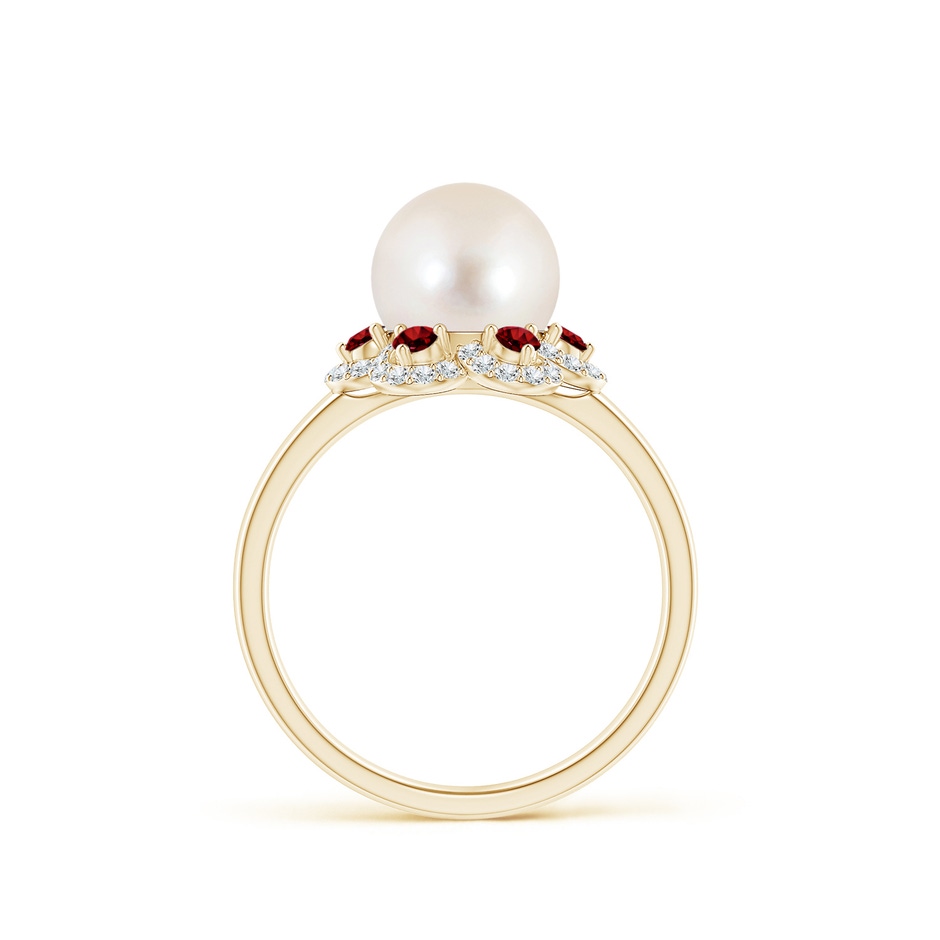 8mm AAAA Freshwater Pearl Floral Ring with Rubies in Yellow Gold side 1