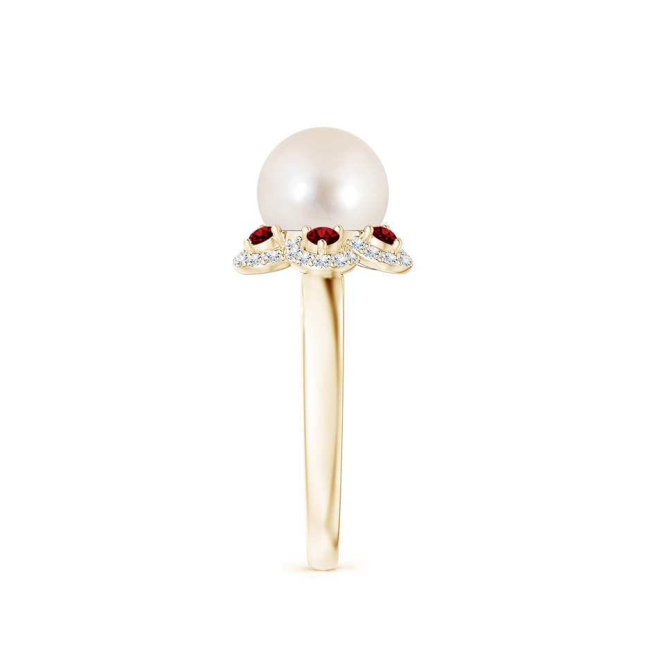 8mm AAAA Freshwater Pearl Floral Ring with Rubies in Yellow Gold side 2