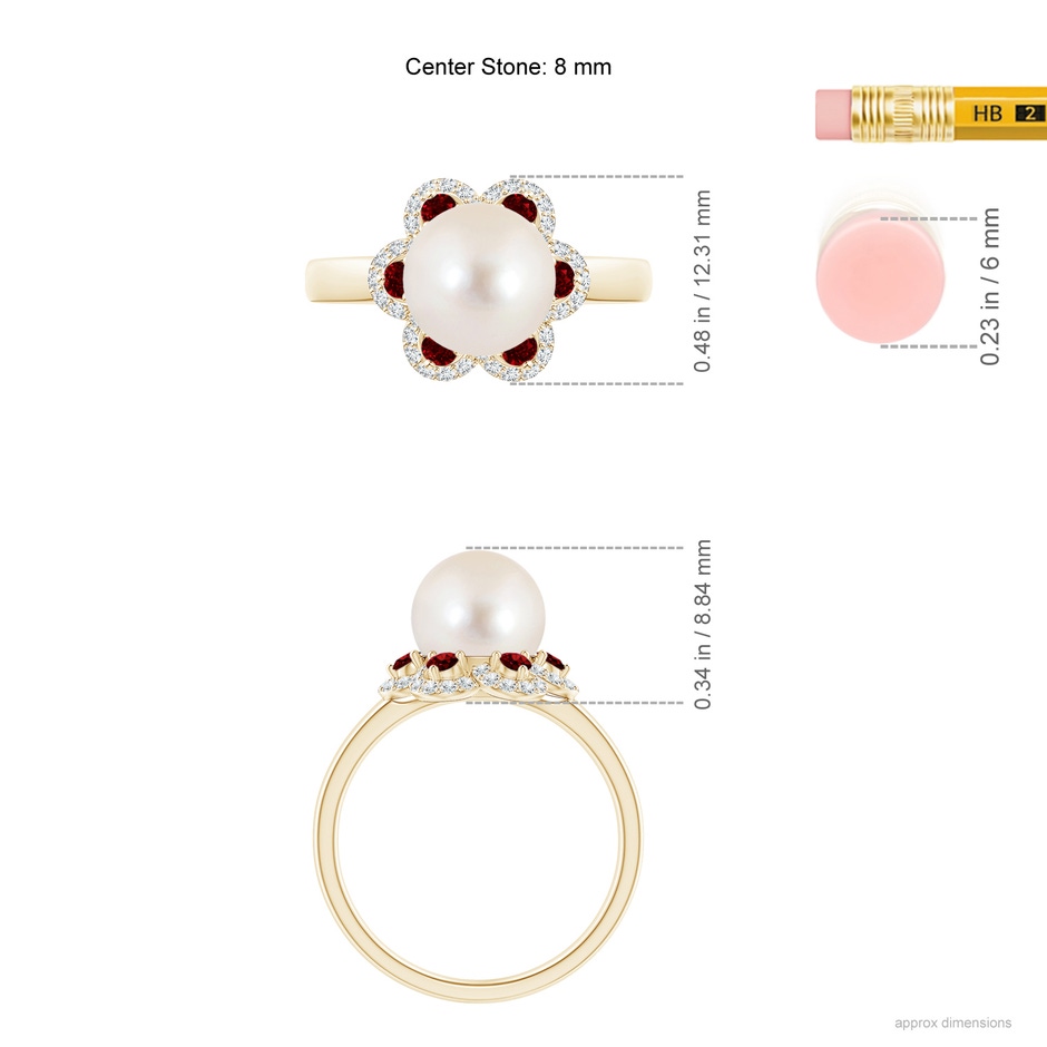 8mm AAAA Freshwater Pearl Floral Ring with Rubies in Yellow Gold ruler