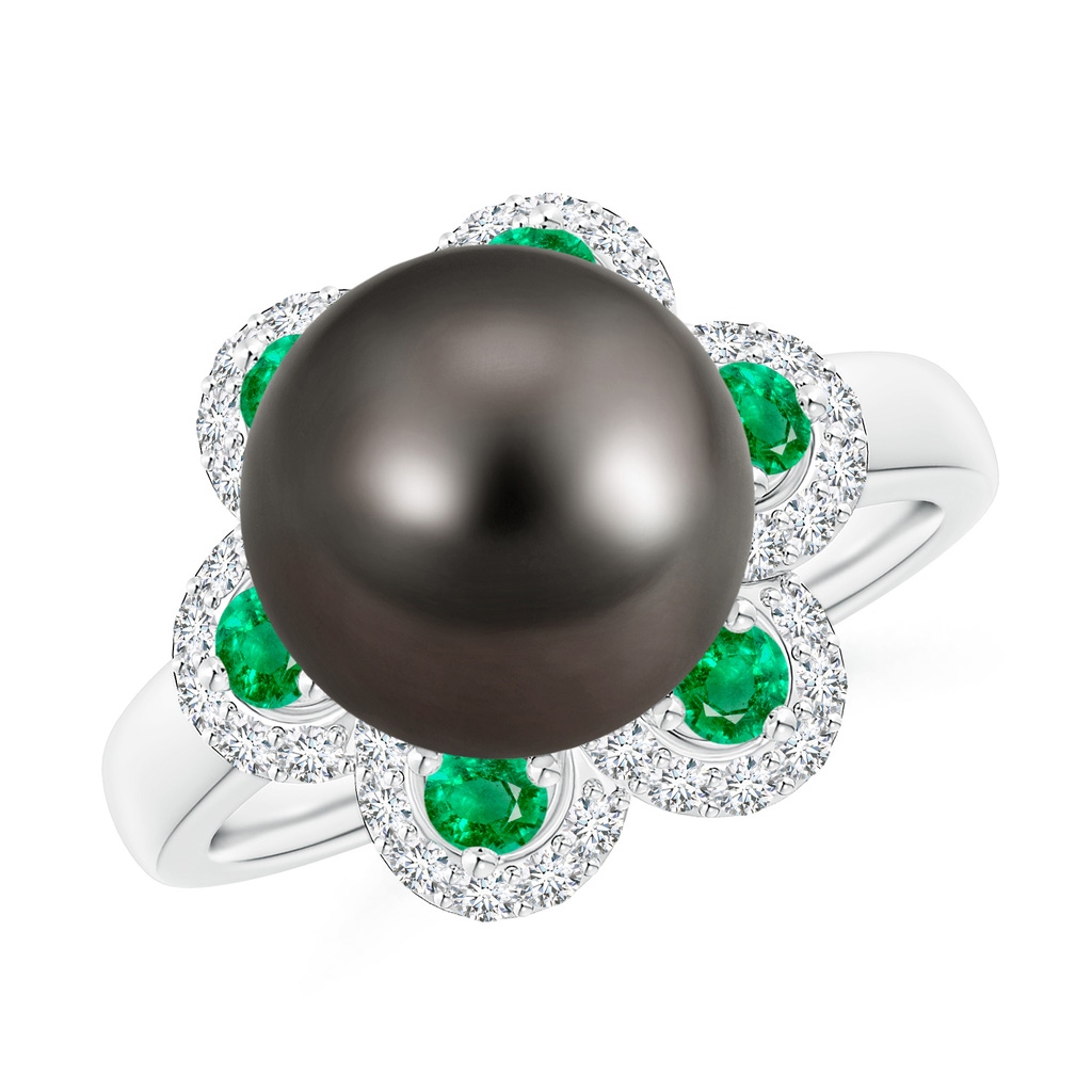 10mm AAA Tahitian Pearl Floral Ring with Emeralds in White Gold