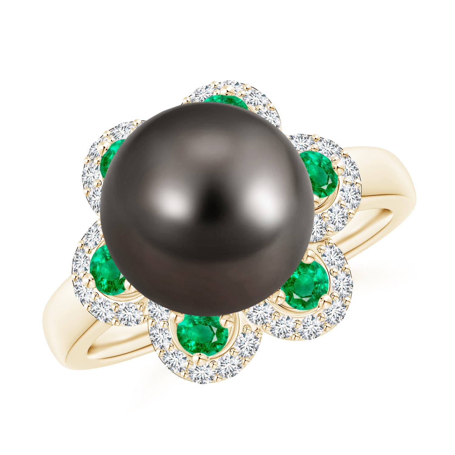 10mm AAA Tahitian Pearl Floral Ring with Emeralds in Yellow Gold