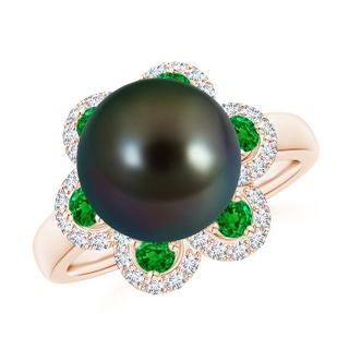 10mm AAAA Tahitian Pearl Floral Ring with Emeralds in Rose Gold